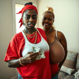 Inside a basic room, a young African woman, short and malnourished at 25 years old, with very dark skin and an angry expression, is wearing an oversized red men's hip-hop t-shirt associated with the Bloods gang, with large sleeves