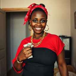 Inside a basic room, a young African woman, who is short and malnourished at 25 years old, has very dark skin and an angry expression, portraying a tough demeanor