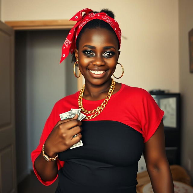 Inside a basic room, a young African woman, who is short and malnourished at 25 years old, has very dark skin and an angry expression, portraying a tough demeanor