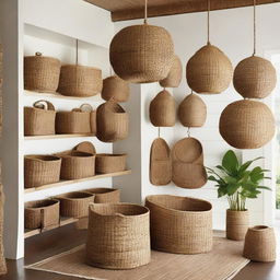 Transform the teak furniture storage room into a store gallery, composed of woven baskets from water hyacinth and seagrass, bamboo chairs, and rattan pendant lights to create an array of natural, artisanal pieces.