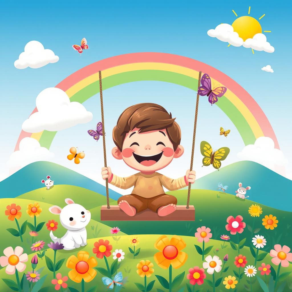 A whimsical and vibrant cartoon scene depicting a joyful character, surrounded by colorful flowers and playful animals