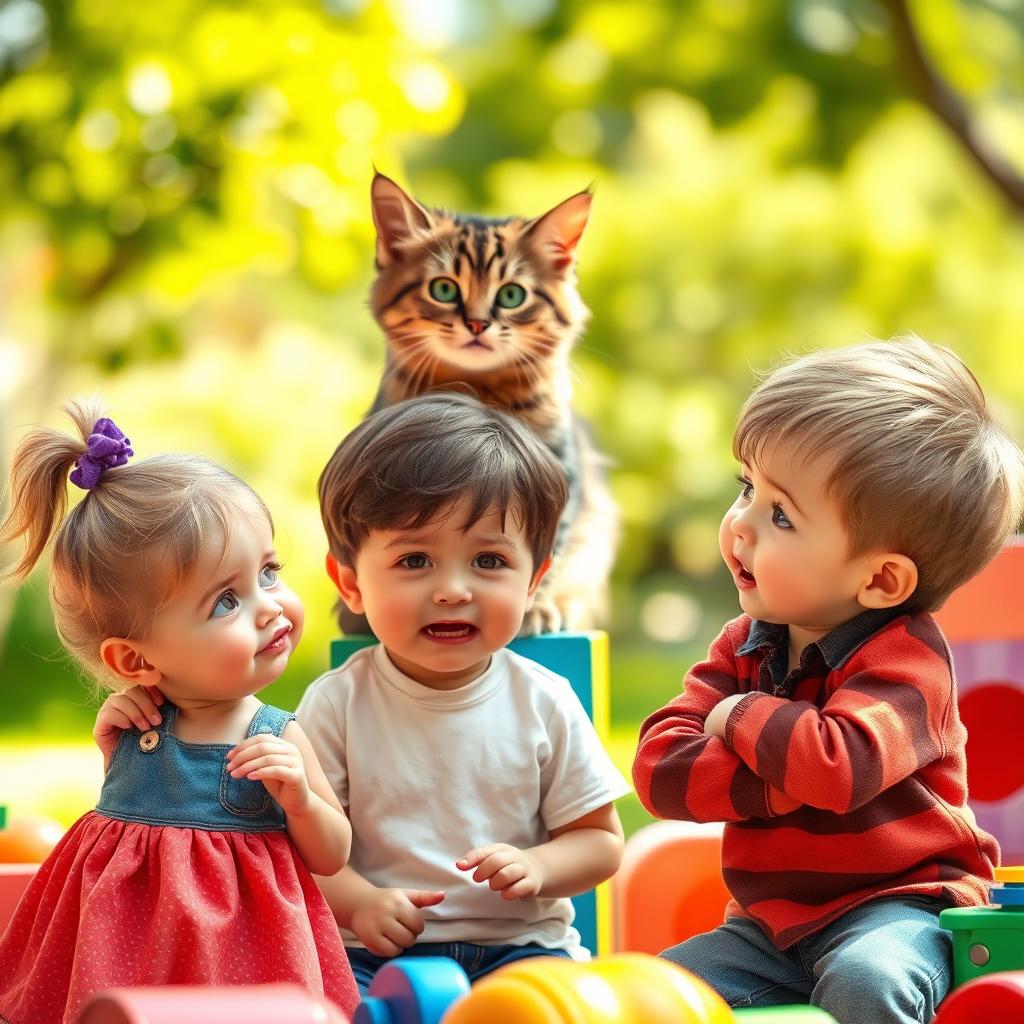 A whimsical scene featuring a little girl and a little boy playfully arguing, with exaggerated facial expressions capturing their childish frustration