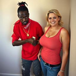 Inside a basic room, a 25-year-old young African woman, characterized by her short stature and malnourished appearance, has very dark skin and a fierce, angry expression