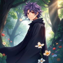 A light novel cover illustration featuring a tall young adult male with shaggy purple hair and striking crimson eyes