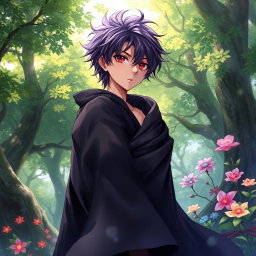 A light novel cover illustration featuring a tall young adult male with shaggy purple hair and striking crimson eyes