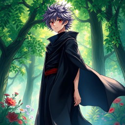 A light novel cover illustration featuring a tall young adult male with shaggy purple hair and striking crimson eyes