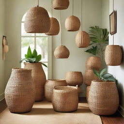 Transform the teak furniture storage room into a store gallery, composed of woven baskets from water hyacinth and seagrass, bamboo chairs, and rattan pendant lights to create an array of natural, artisanal pieces.