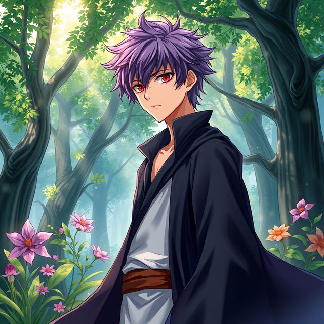 A light novel cover illustration featuring a tall young adult male with shaggy purple hair and striking crimson eyes