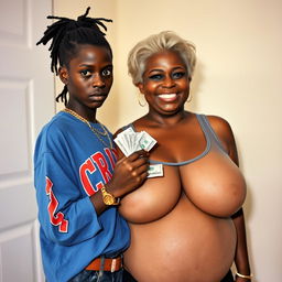 Inside a basic room, a 25-year-old young African woman, characterized by her short stature and malnourished appearance, has very dark skin with an angry expression