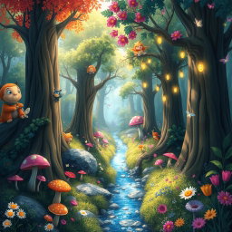 A whimsical forest filled with vibrant colors and enchanting details