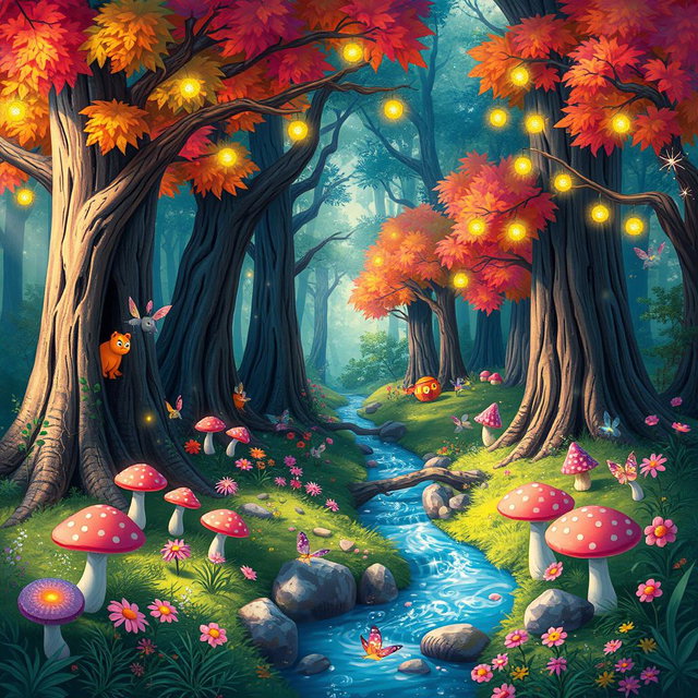 A whimsical forest filled with vibrant colors and enchanting details