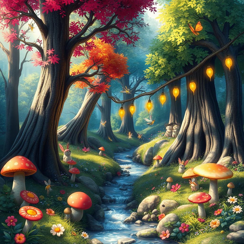 A whimsical forest filled with vibrant colors and enchanting details