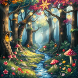 A whimsical forest filled with vibrant colors and enchanting details