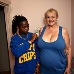 Inside a basic room, a 25-year-old young African woman, characterized by her short stature and malnourished appearance, has very dark skin and an angry expression