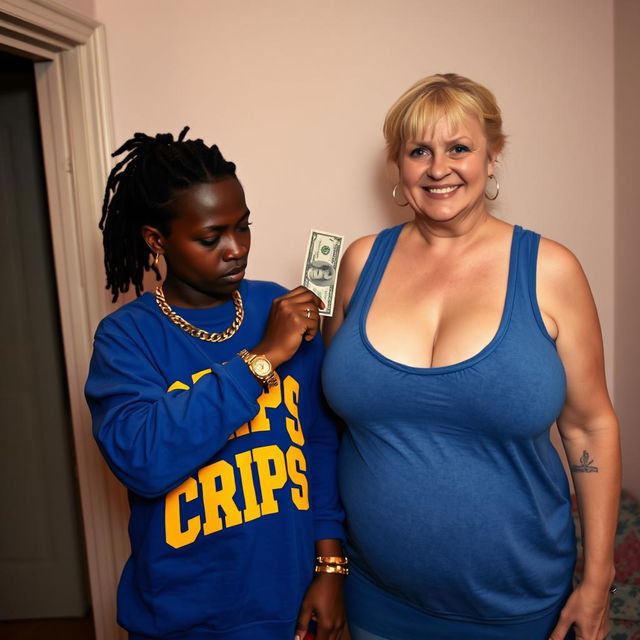 Inside a basic room, a 25-year-old young African woman, characterized by her short stature and malnourished appearance, has very dark skin and an angry expression