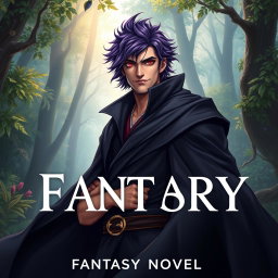 A fantasy novel cover featuring a tall adult male character with shaggy purple hair and striking crimson eyes