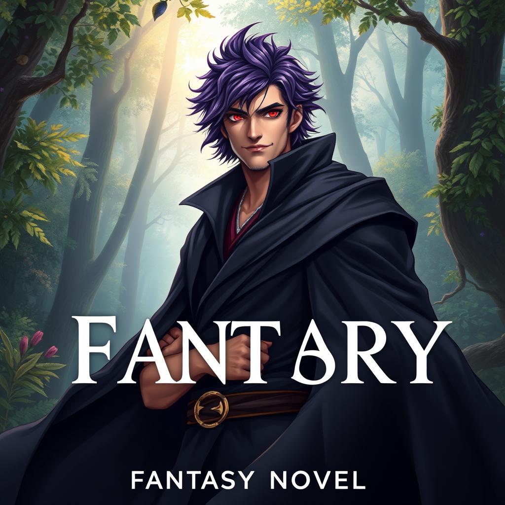 A fantasy novel cover featuring a tall adult male character with shaggy purple hair and striking crimson eyes