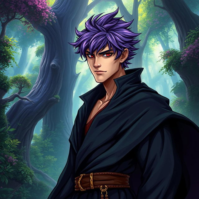 A fantasy novel cover featuring a tall adult male character with shaggy purple hair and striking crimson eyes
