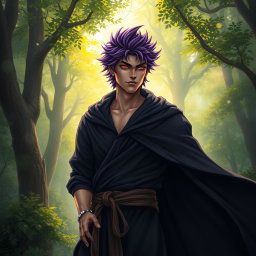 A fantasy novel cover featuring a tall adult male character with shaggy purple hair and striking crimson eyes