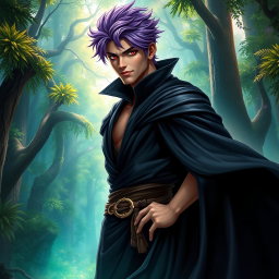 A fantasy novel cover featuring a tall adult male character with shaggy purple hair and striking crimson eyes