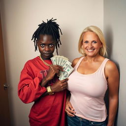 Inside a basic room, a 25-year-old young African woman, characterized by her short stature and malnourished appearance, has very dark skin and a fierce, angry expression