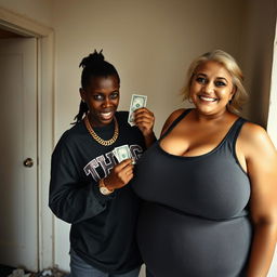 Inside a basic room, a 25-year-old young African woman, characterized by her short stature and malnourished appearance, has very dark skin and an angry expression