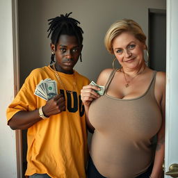 Inside a basic room, a 25-year-old young African woman, characterized by her short stature and malnourished appearance, has very dark skin and a fierce, angry expression