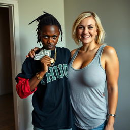 Inside a basic room, a 25-year-old young African woman, characterized by her short stature and malnourished appearance, has very dark skin and a fierce, angry expression