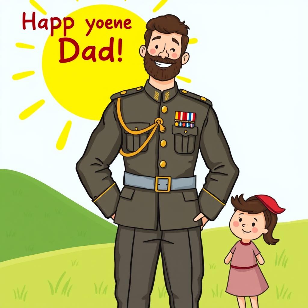A heartwarming illustration for a children's book featuring a proud dad in a military uniform