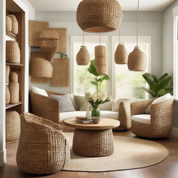 Transform the teak furniture storage room into a store gallery, composed of woven baskets from water hyacinth and seagrass, bamboo chairs, and rattan pendant lights to create an array of natural, artisanal pieces.