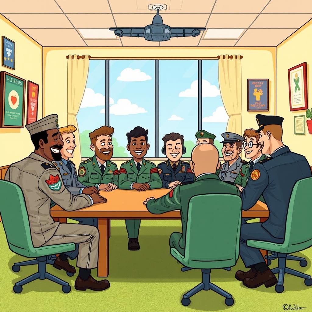 A cheerful illustration for a children's book depicting a conference meeting filled with diverse military men in an office setting