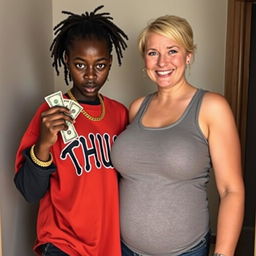 Inside a basic room, a 25-year-old young African woman, characterized by her short stature and malnourished appearance, has very dark skin and an angry expression