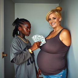 Inside a basic room, a 25-year-old young African woman, characterized by her short stature and malnourished appearance, has very dark skin and an angry expression