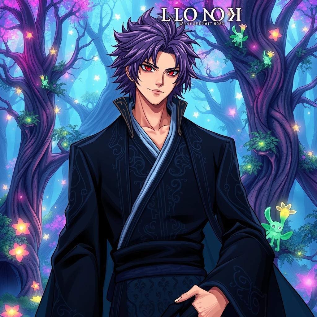 A dynamic illustration for a light novel cover featuring a tall adult male with shaggy purple hair and striking crimson eyes