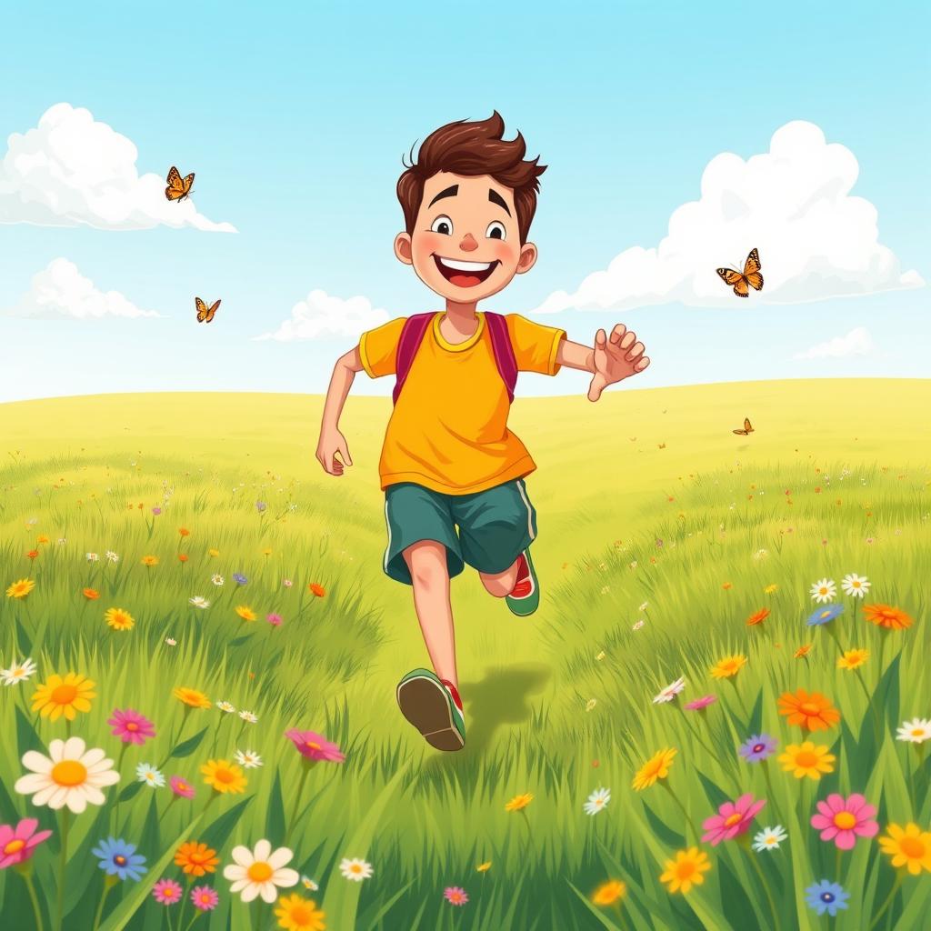 A lively illustration for a children's book showing a man running joyfully in a wide, open field