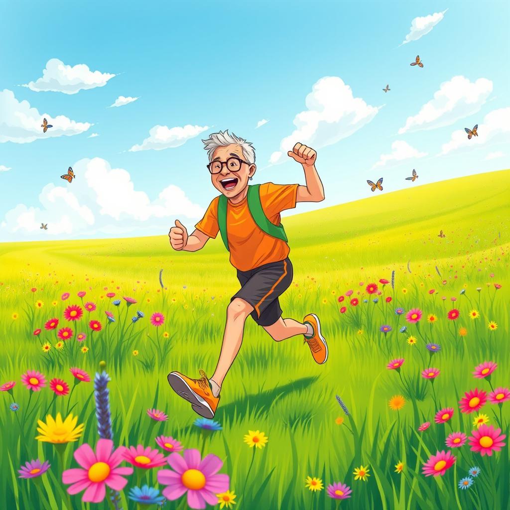 A delightful illustration for a children's book showing a middle-aged man running enthusiastically in a vibrant green field