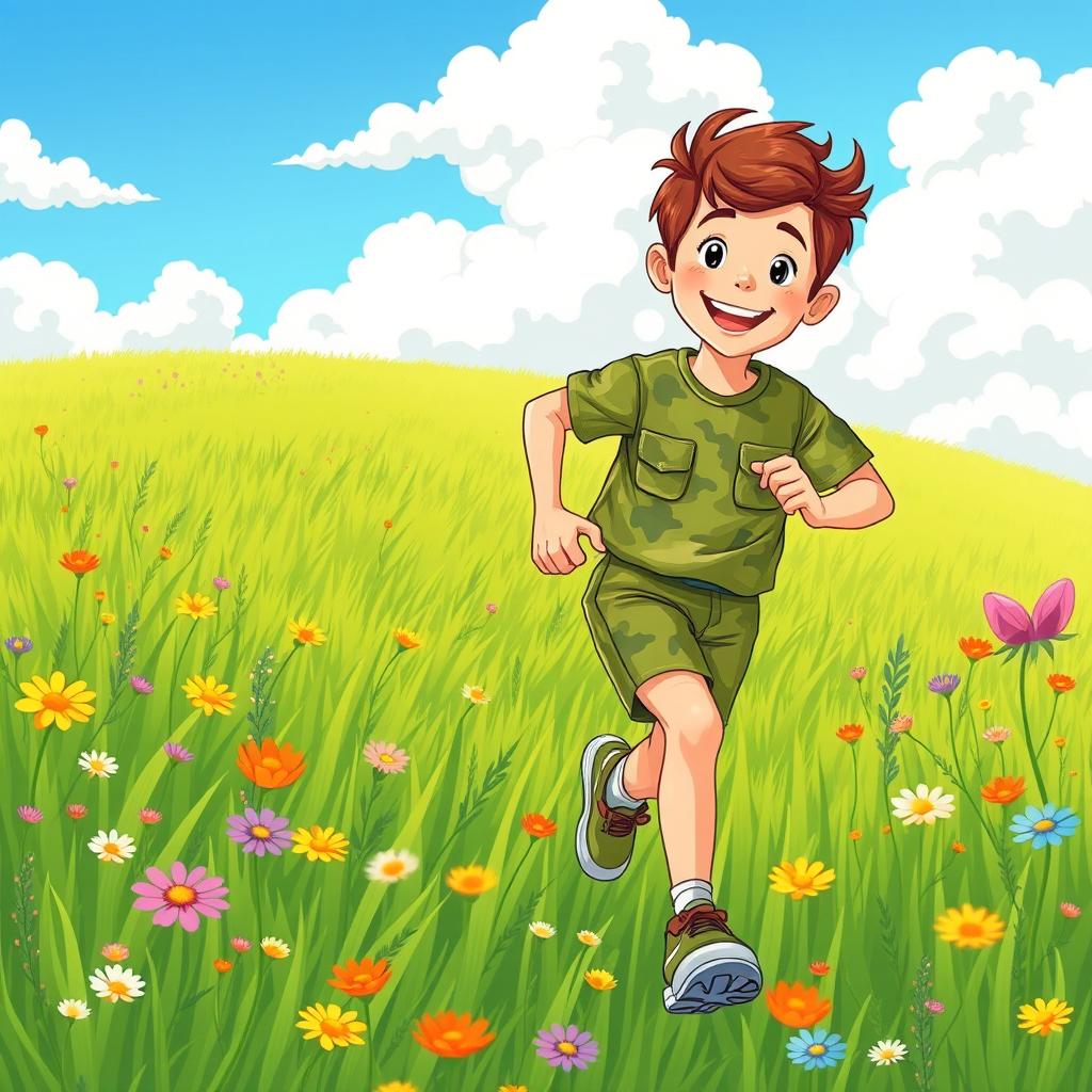 A charming illustration for a children's book featuring a 30-year-old army guy with brown hair running energetically in a vibrant green field
