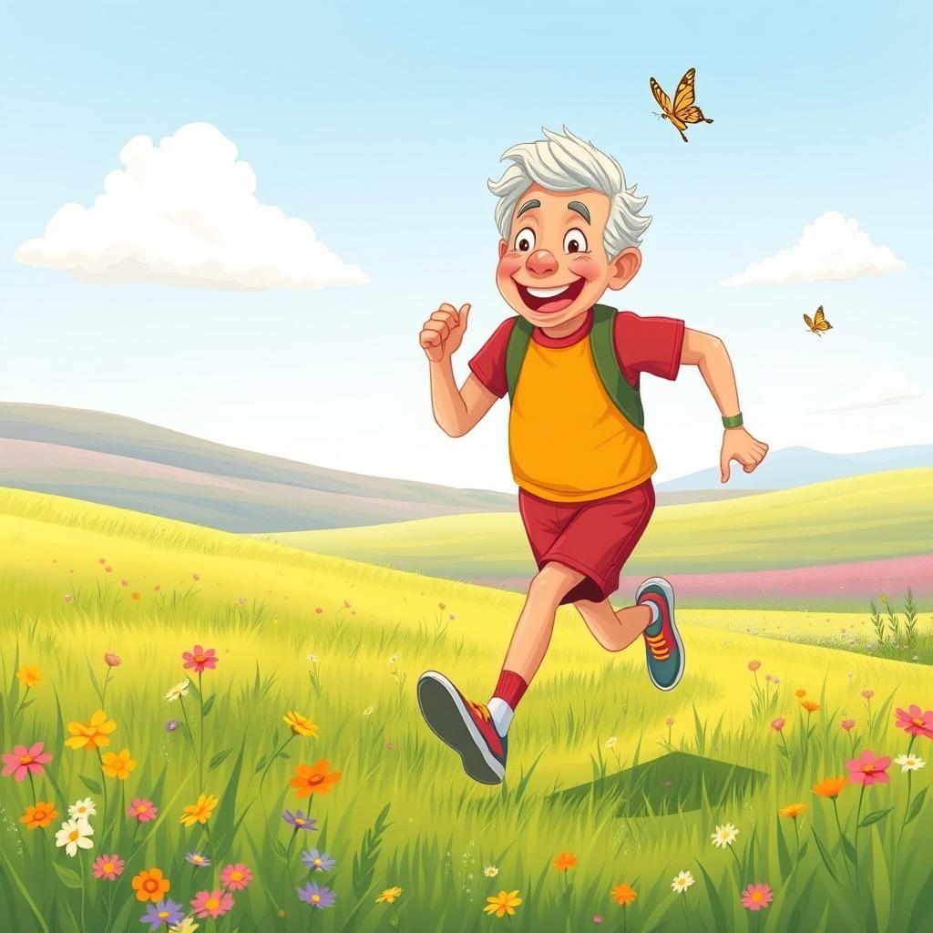 A lively illustration for a children's book showing an older man running joyfully in a wide, open field