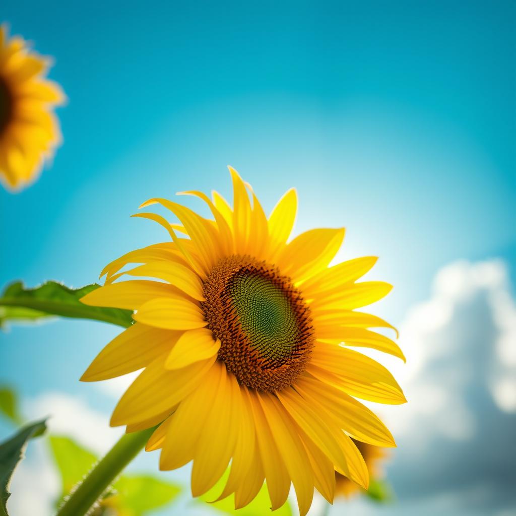 A stunning sunflower fully oriented towards the sky, reaching upward to soak in the sunlight