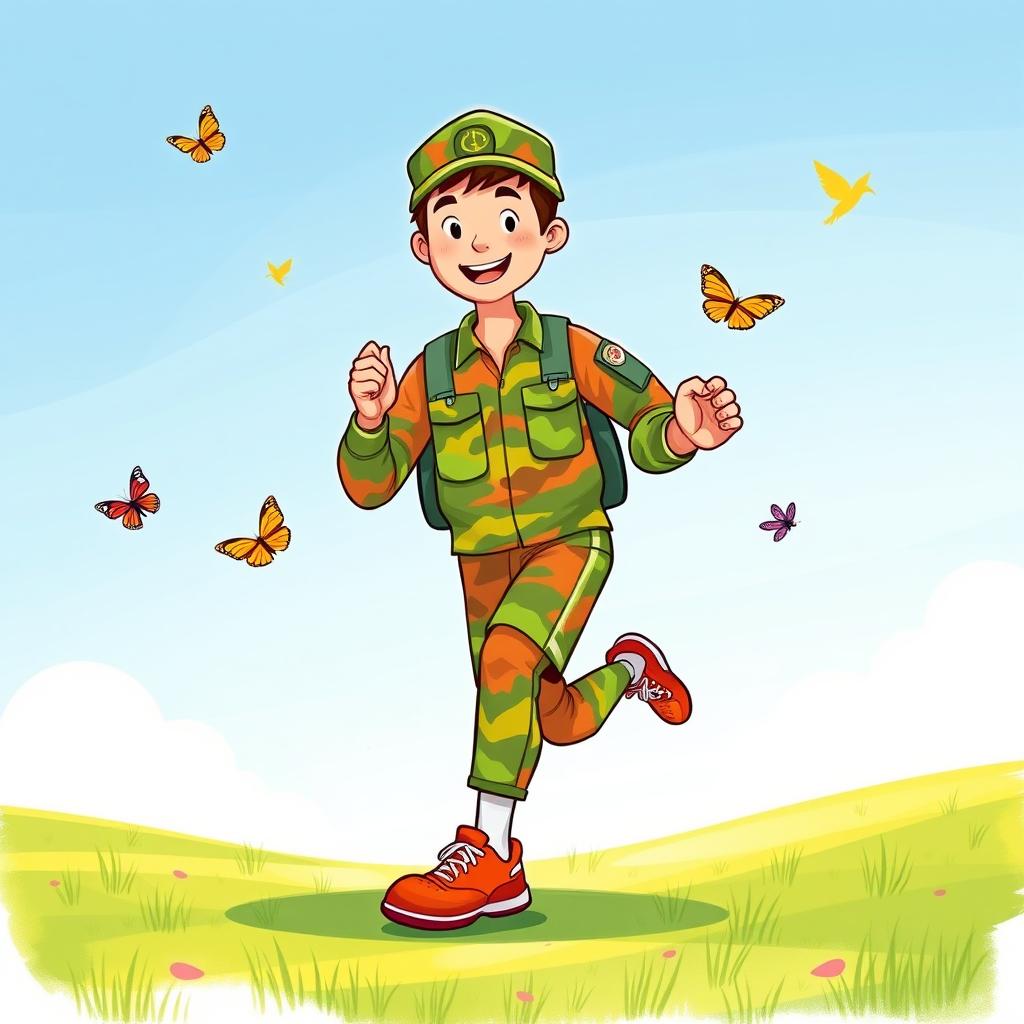 A vibrant illustration for a children's book depicting a military man training in bright, colorful sports clothes