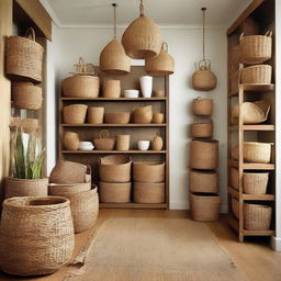 Transform the teak furniture storage room into a store gallery, composed of woven baskets from water hyacinth and seagrass, bamboo chairs, and rattan pendant lights to create an array of natural, artisanal pieces.