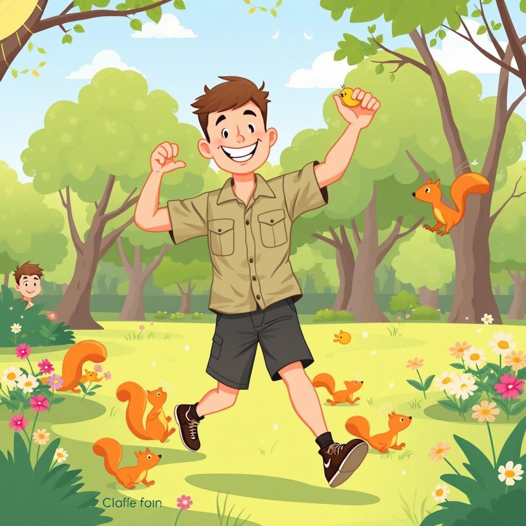A cheerful illustration for a children's book depicting a military man training energetically in a regular shirt and short pants