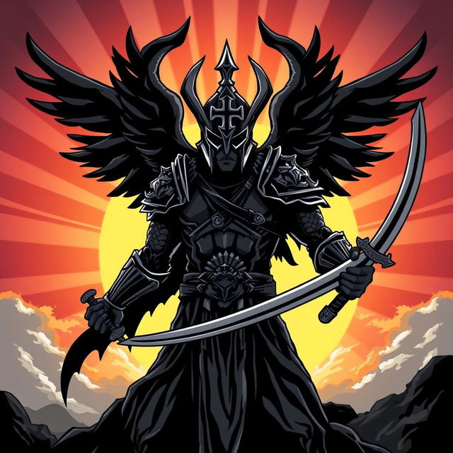 A stylized depiction of Azrael, the figure associated with death and angelic themes, featuring a distinct Iron Cross design on his helmet