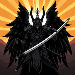 A stylized depiction of Azrael, the figure associated with death and angelic themes, featuring a distinct Iron Cross design on his helmet