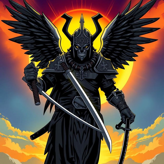 A stylized depiction of Azrael, the angel of death, adorned with a distinctive Iron Cross design on his helmet