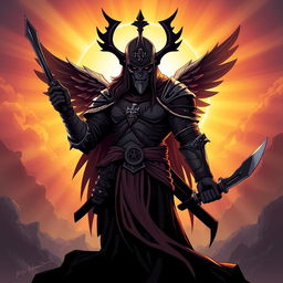 A stylized depiction of Azrael, the angel of death, adorned with a distinctive Iron Cross design on his helmet