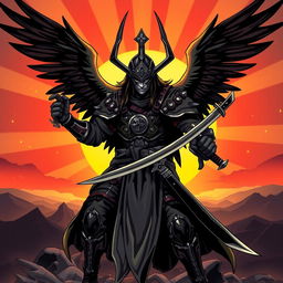 A stylized depiction of Azrael, the angel of death, adorned with a distinctive Iron Cross design on his helmet