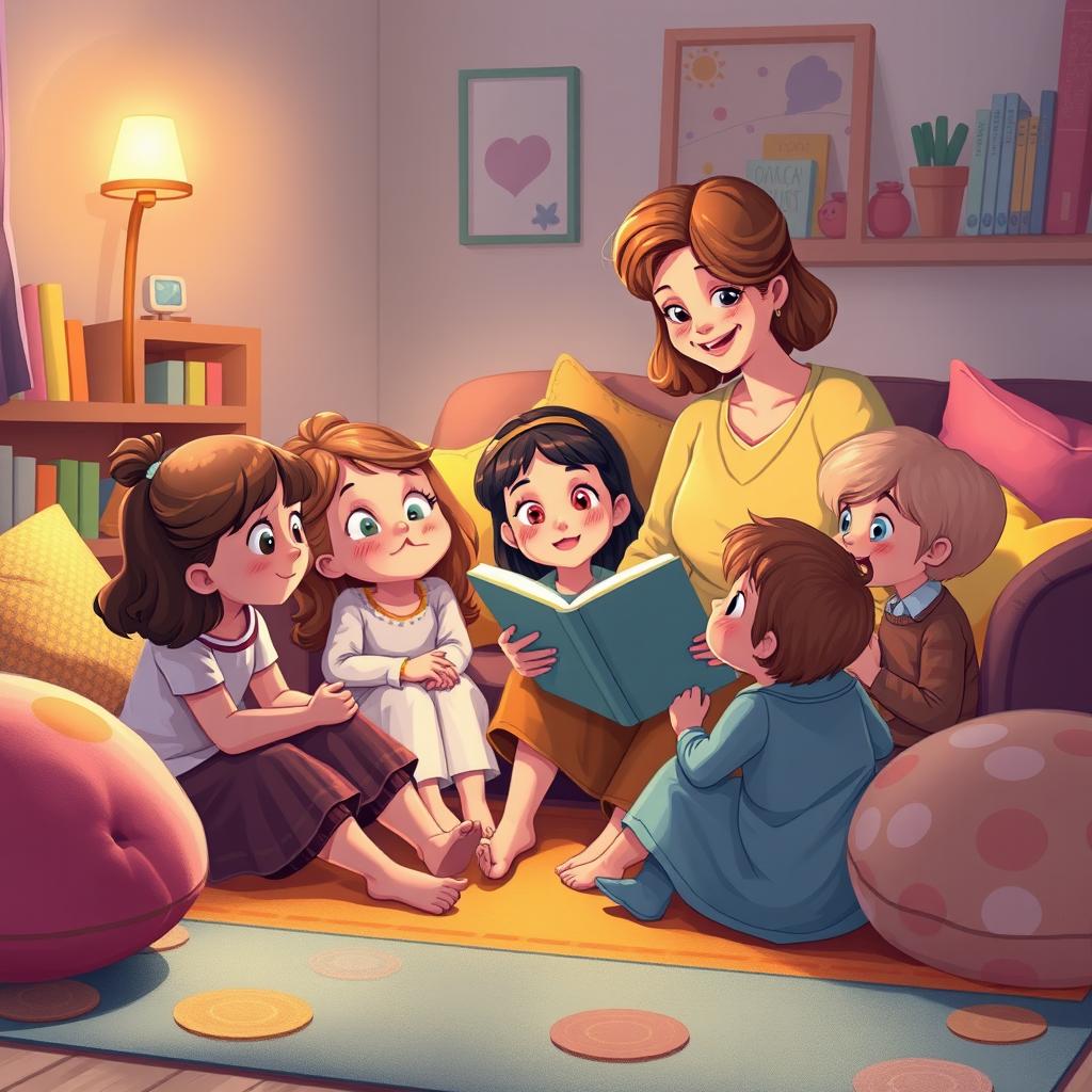 A heartwarming scene illustrating a mother sitting in a cozy living room, storytelling to her four daughters and one son