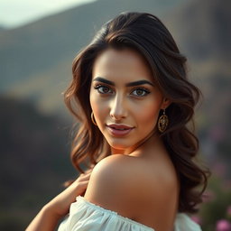 A beautiful and elegant Armenian woman posing gracefully, showcasing her natural beauty, with soft lighting highlighting her features