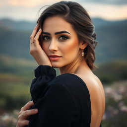 A beautiful and elegant Armenian woman posing gracefully, showcasing her natural beauty, with soft lighting highlighting her features
